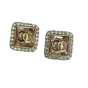 Elegant Gold and Pink Crystal Square Earrings